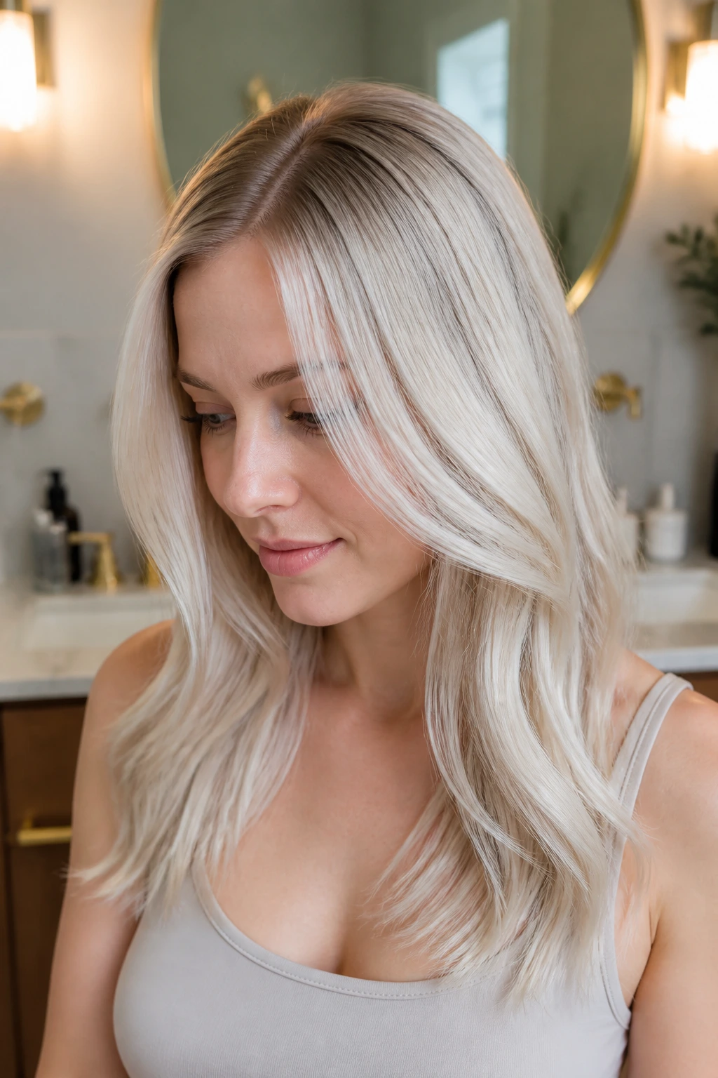 Close-up of a real person with platinum blonde hair showing root shadow and glossy ends