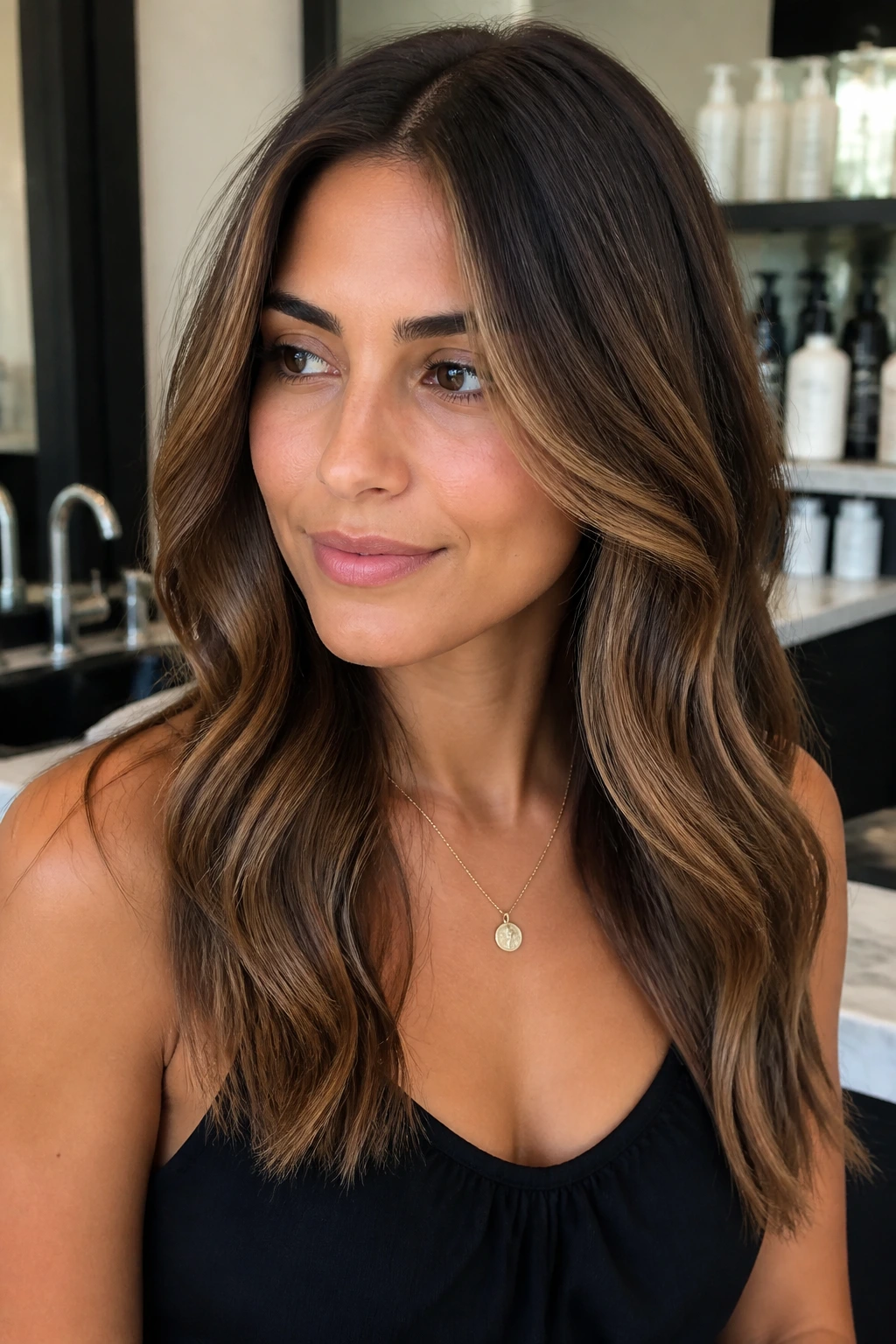 Portrait of olive-skinned woman with root shadow and caramel honey highlights