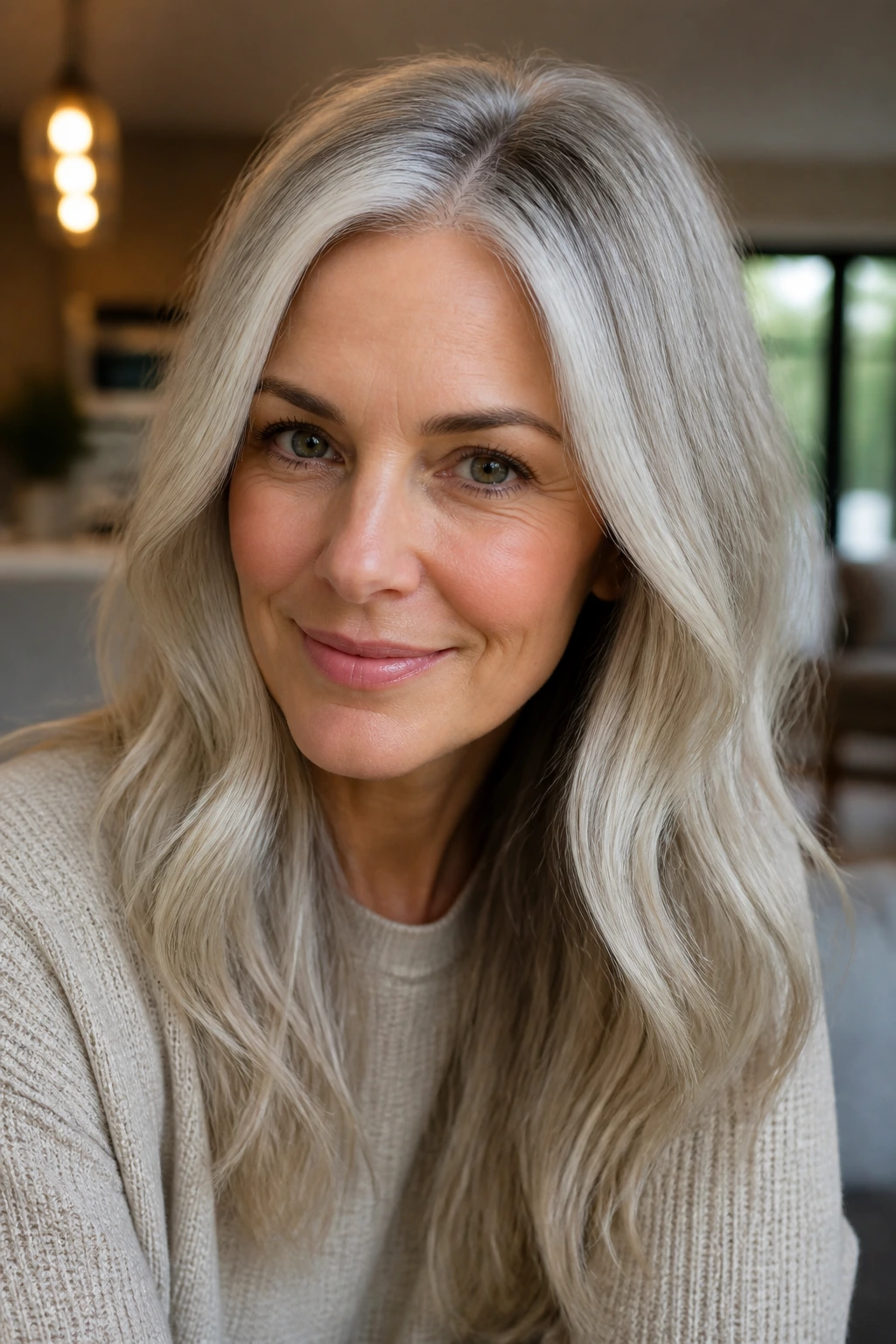Portrait of a person with cool blonde-gray hair showing subtle root growth at home.