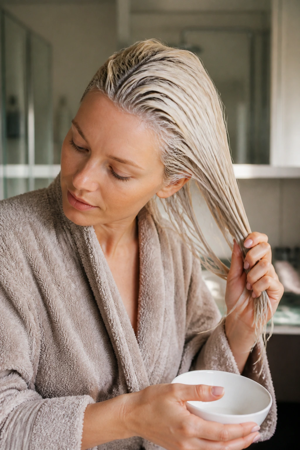Woman with towel-wrapped hair performing maintenance routine in bathroom.