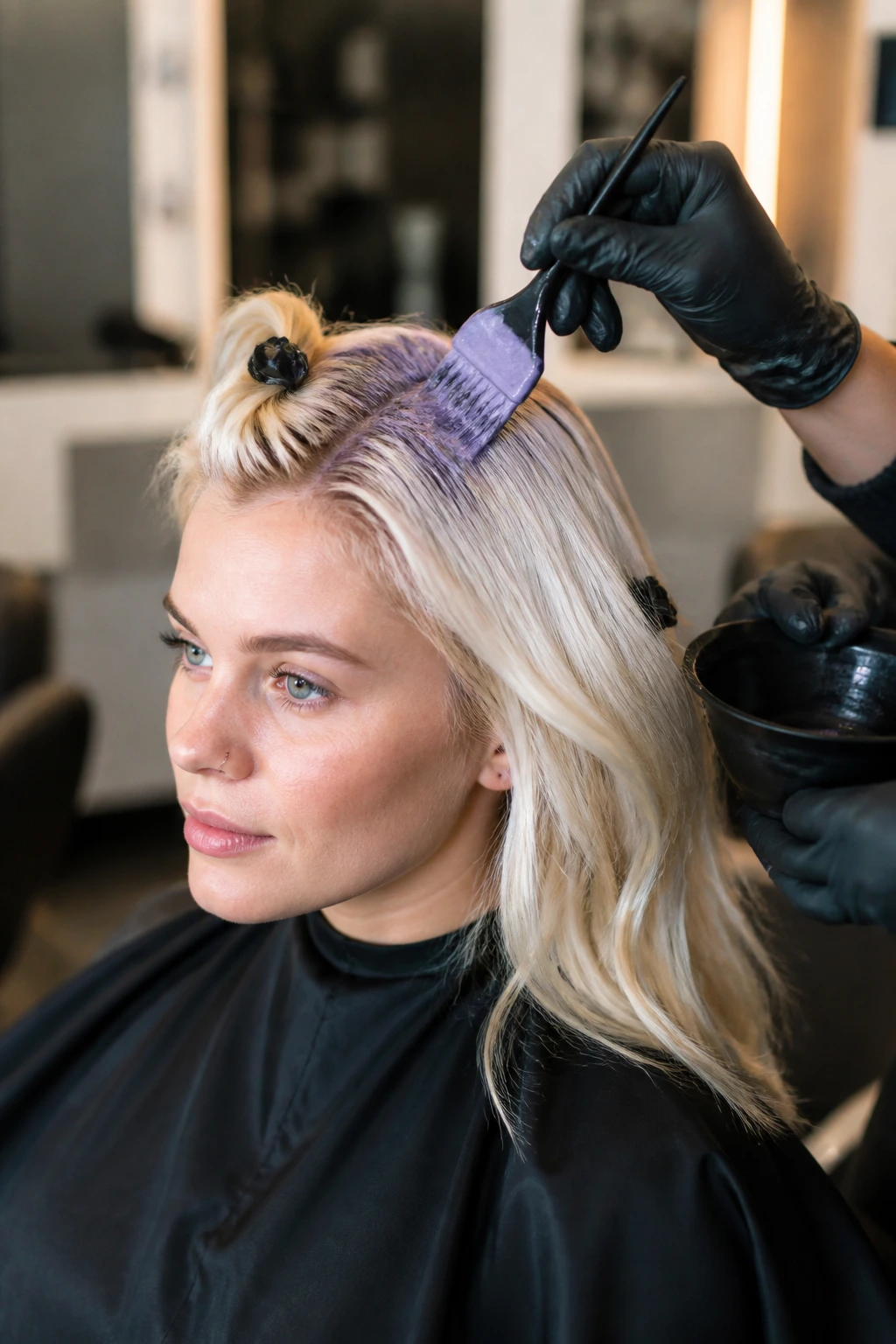 Portrait in a salon chair during toner application on icy blonde hair