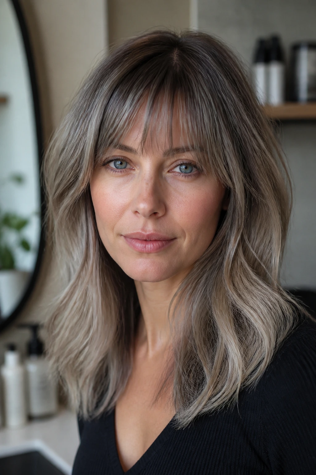 Portrait of a person with subtle root shadow and blended bangs