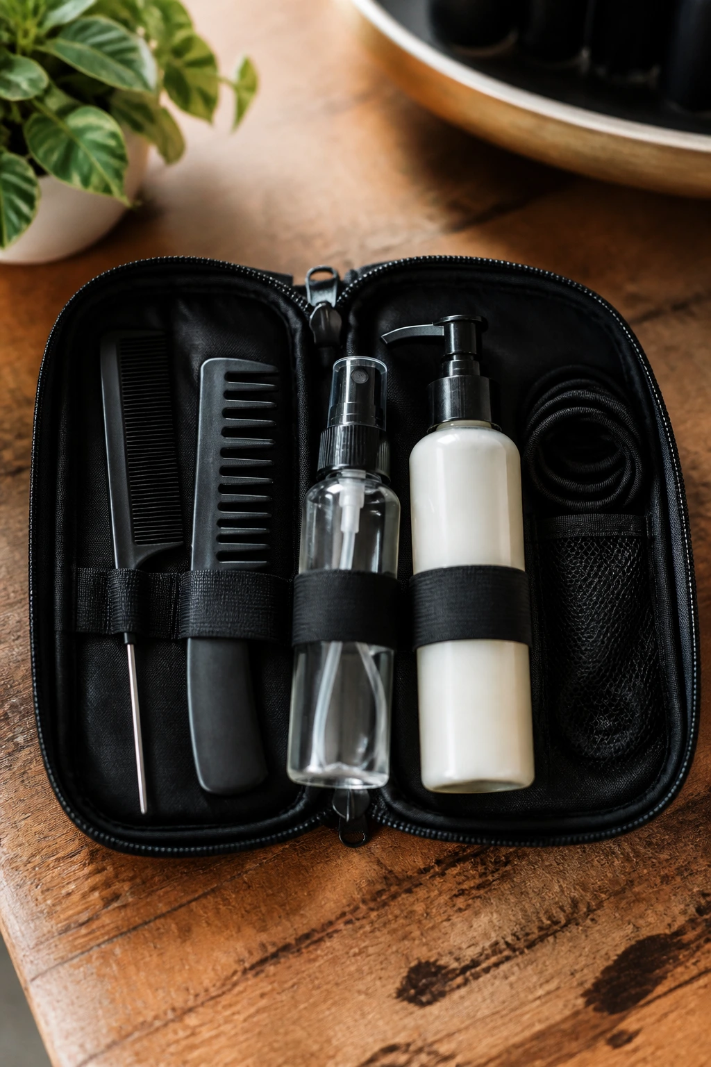 Close-up of an open tool kit with hair braiding tools on a wooden table