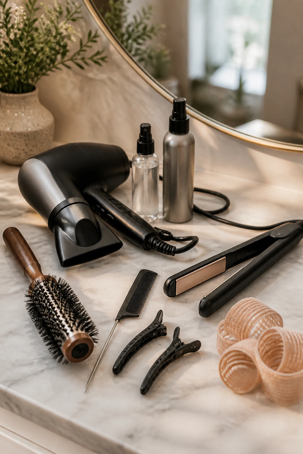 Close-up of essential sweeping bangs tools arranged on a bathroom counter