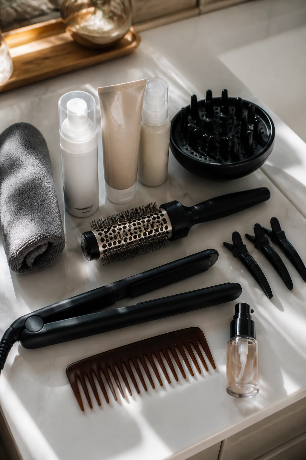 Macro shot of essential wavy bob styling tools on bathroom counter