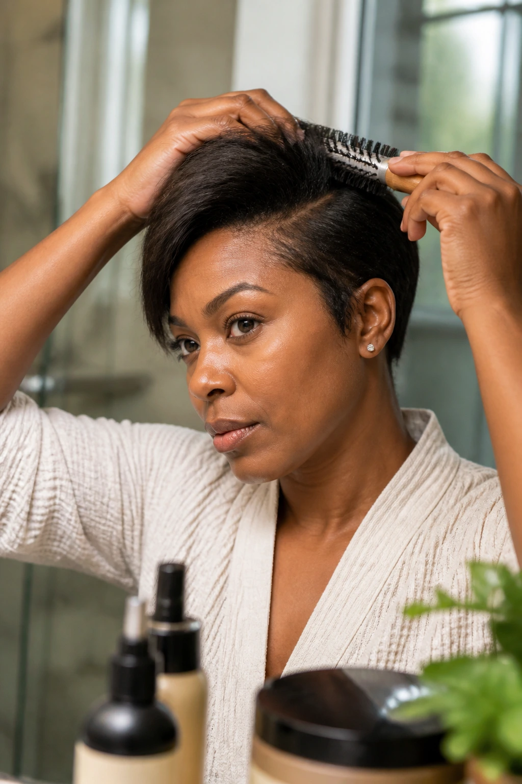 Close-up of a real Black woman using a small round brush to style fine hair in a bathroom