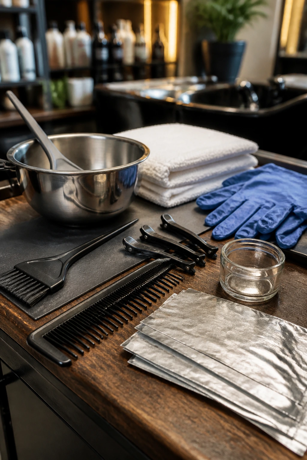 Close-up of essential hair color tools arranged on a salon station for safe color change