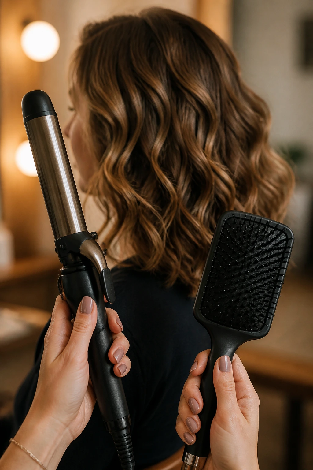 Hands holding curling iron and paddle brush in front of shoulder-length curls
