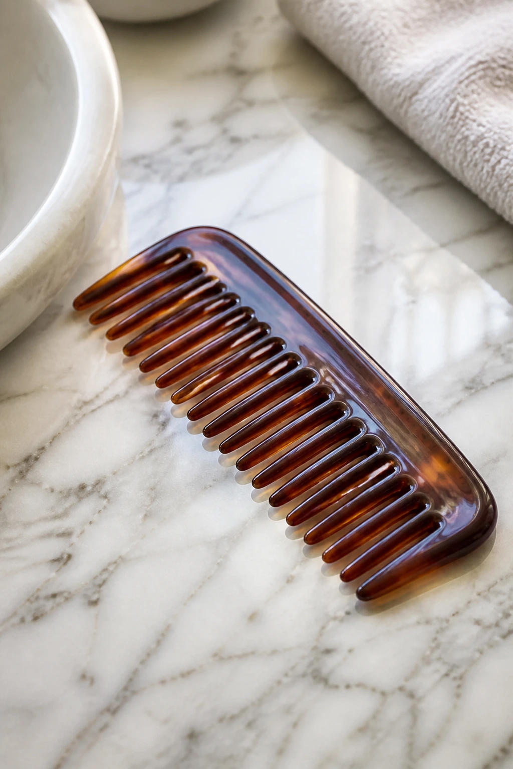 Close-up of a wide-tooth comb on a bathroom counter for curly color care