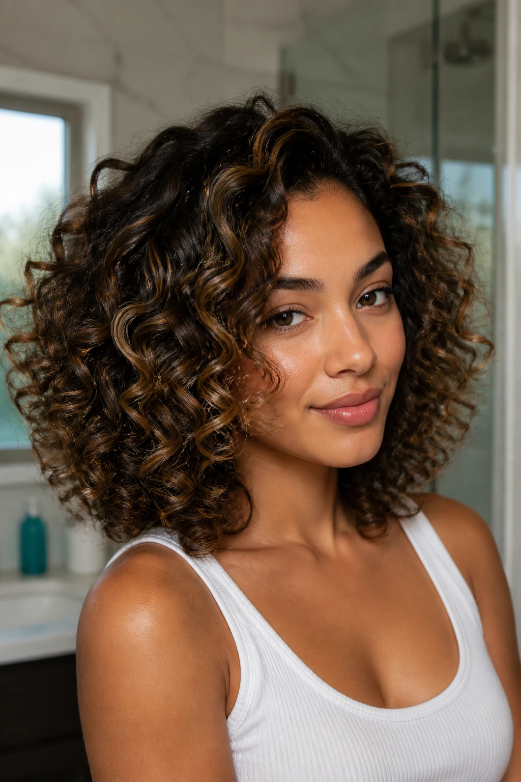 Close-up portrait of a real person with a polished curly hairstyle