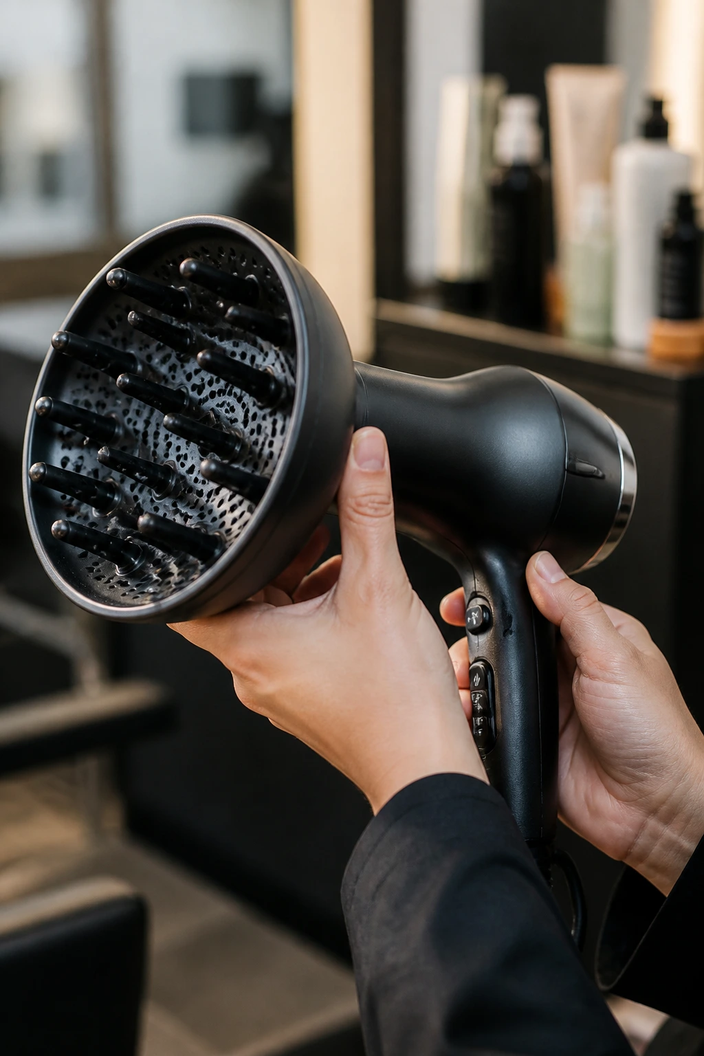 Hands holding a styling tool at a well-lit salon station.