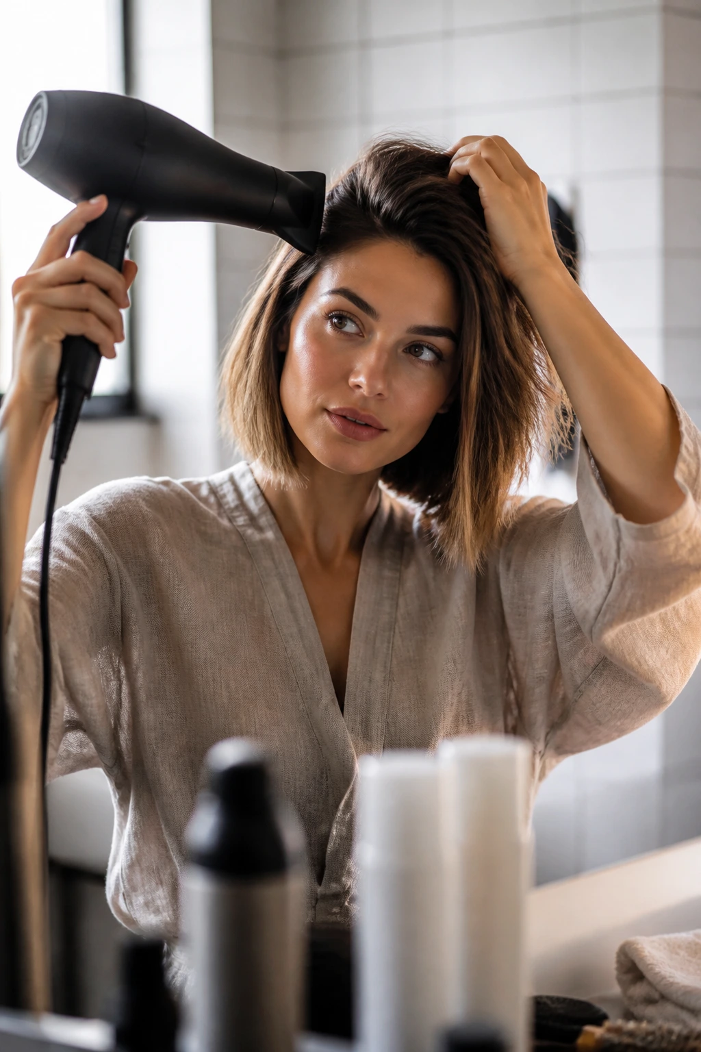 Close-up of a real person using a hair dryer to lift the crown