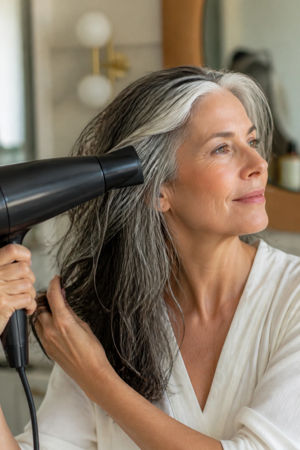 Close-up of a blow dryer nozzle directing air onto silver-gray hair in a bathroom vanity setting.