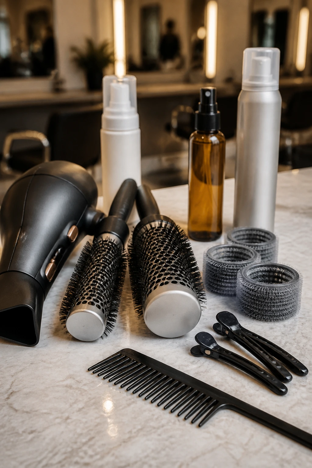 Close-up of essential hair styling tools arranged on a salon counter