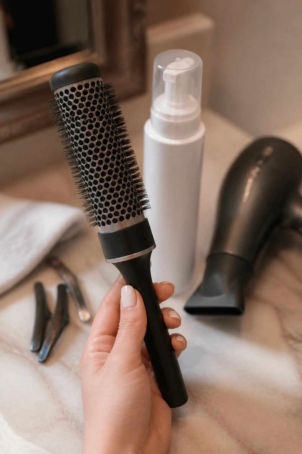 Close-up of hand holding a round brush with a blurred background of hair tools
