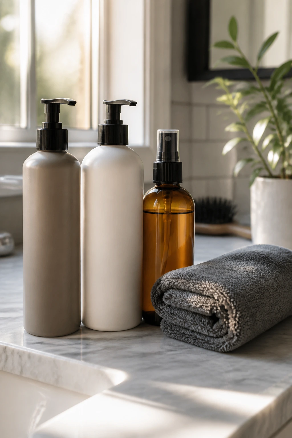 Unlabeled haircare bottles and microfiber towel on bathroom counter in daylight