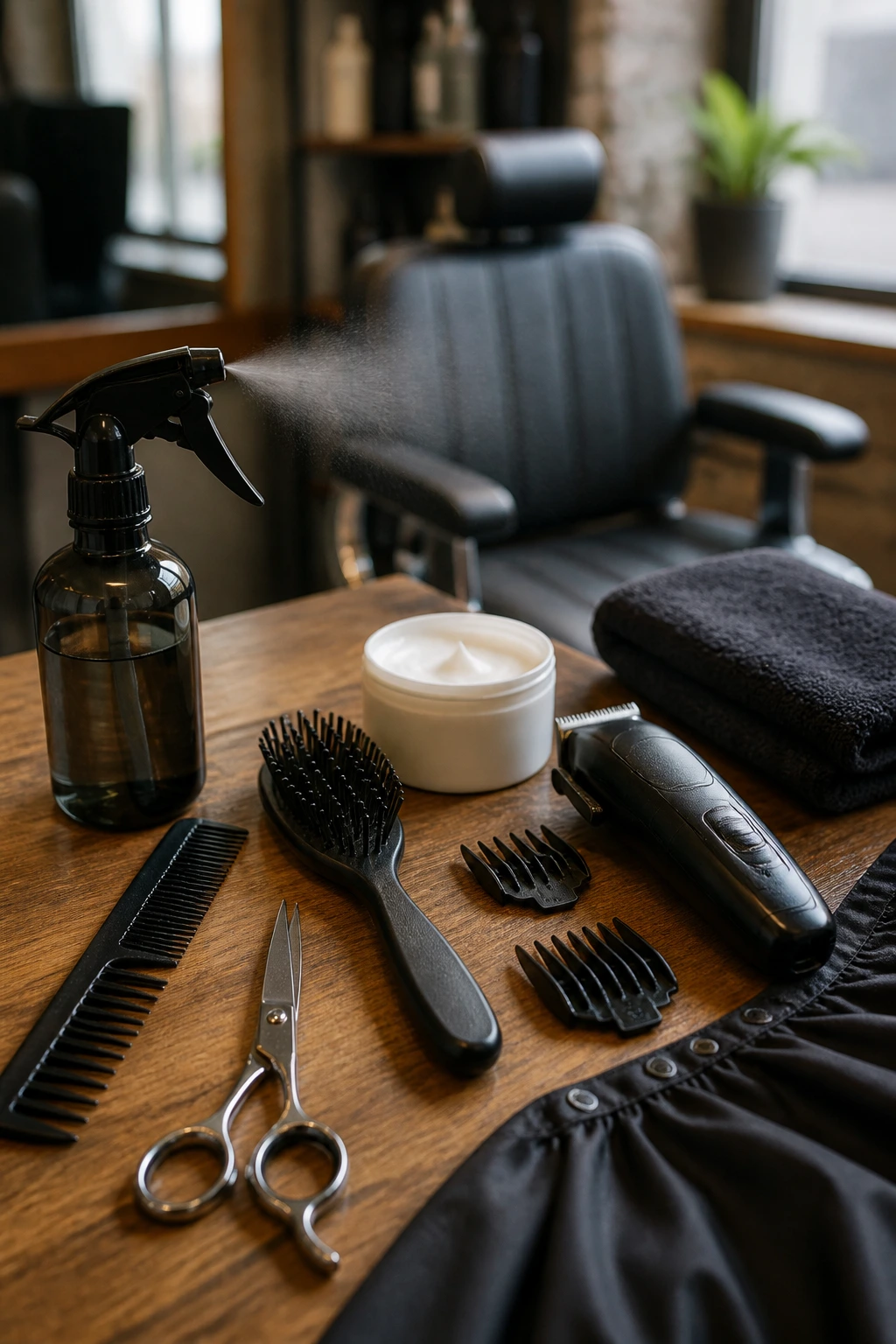 Close-up of essential haircut tools on a barber station for toddler undercuts