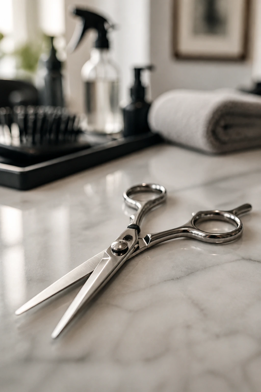 Close-up of a high-quality barber shears on a clean surface in a home grooming setup