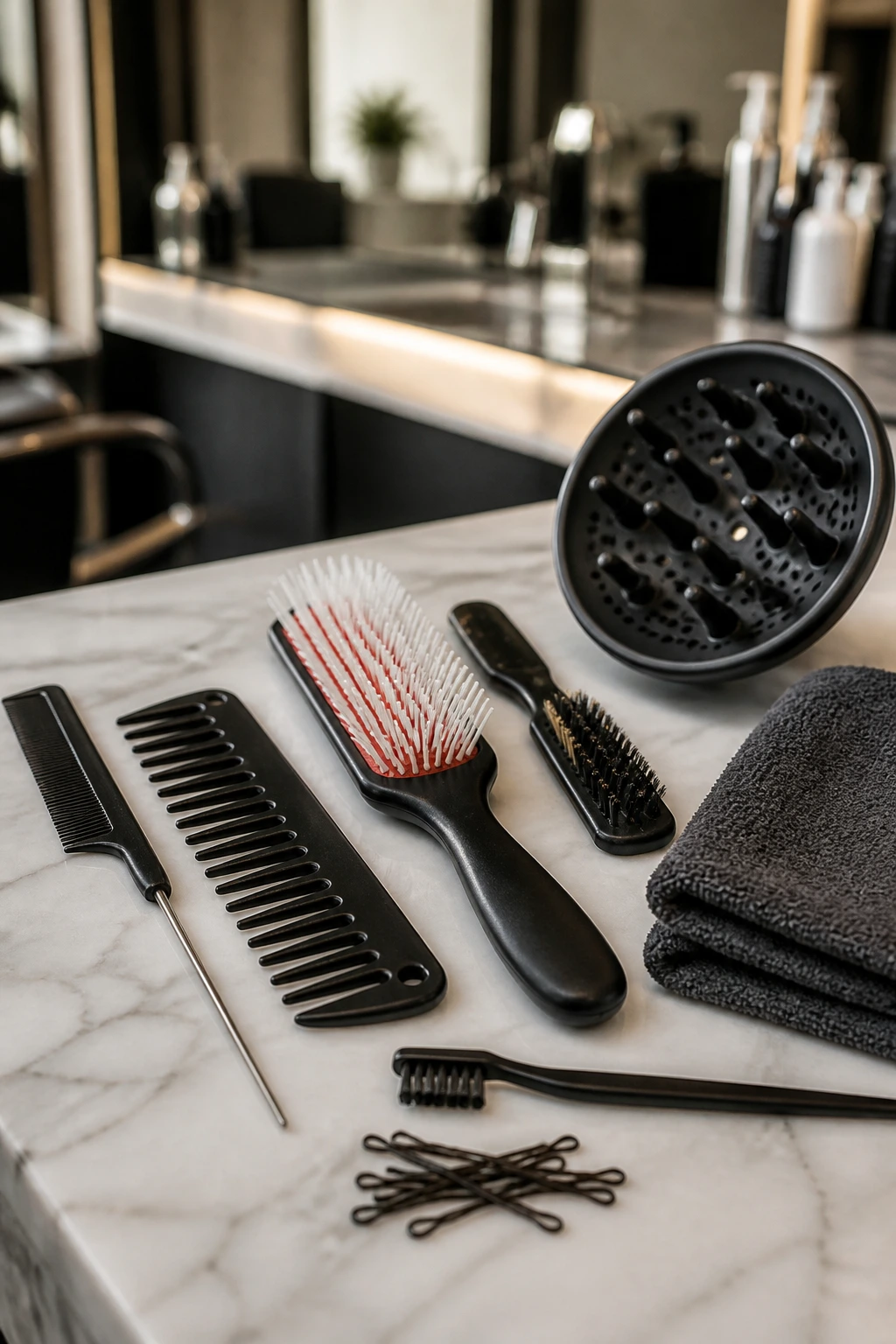 Macro close-up of essential hairstyling tools for natural texture on short hair