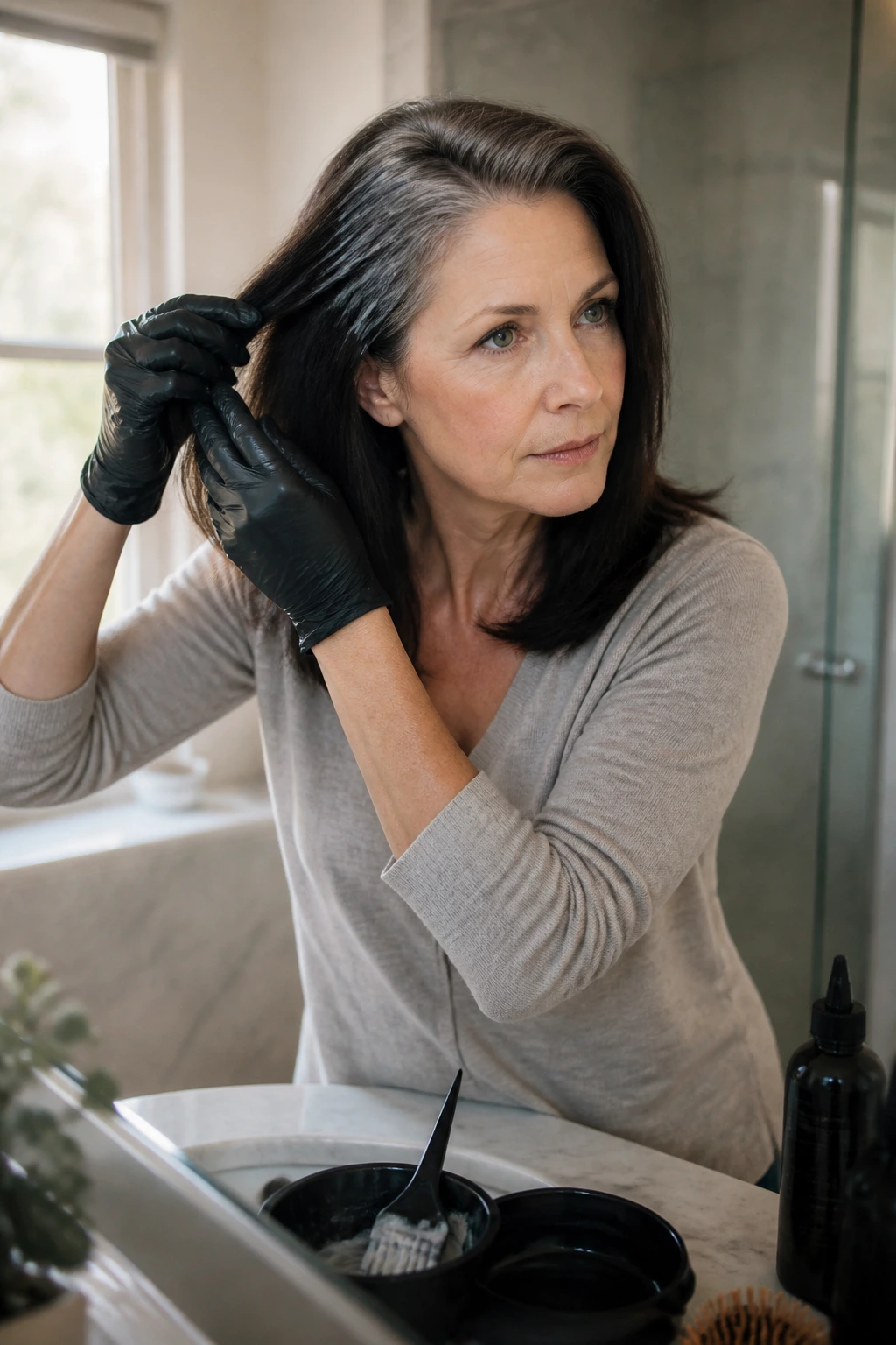 Person using hair tools and products for grey blending at a vanity