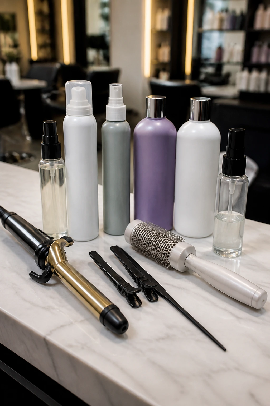 Top-down view of essential hair tools and products on a salon counter