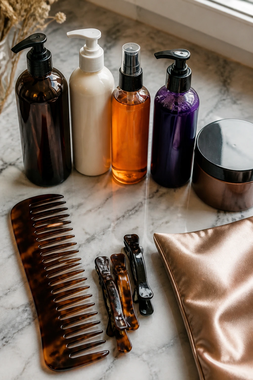 Top-down shot of essential hair color tools and products on a bathroom counter.