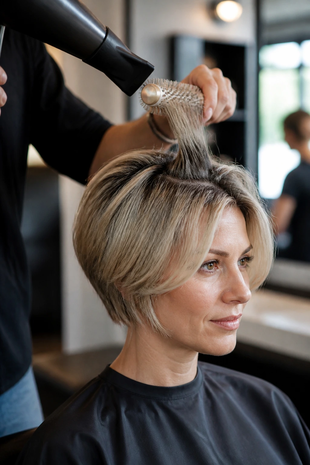 Real person in a salon while tools and products are used to style hair
