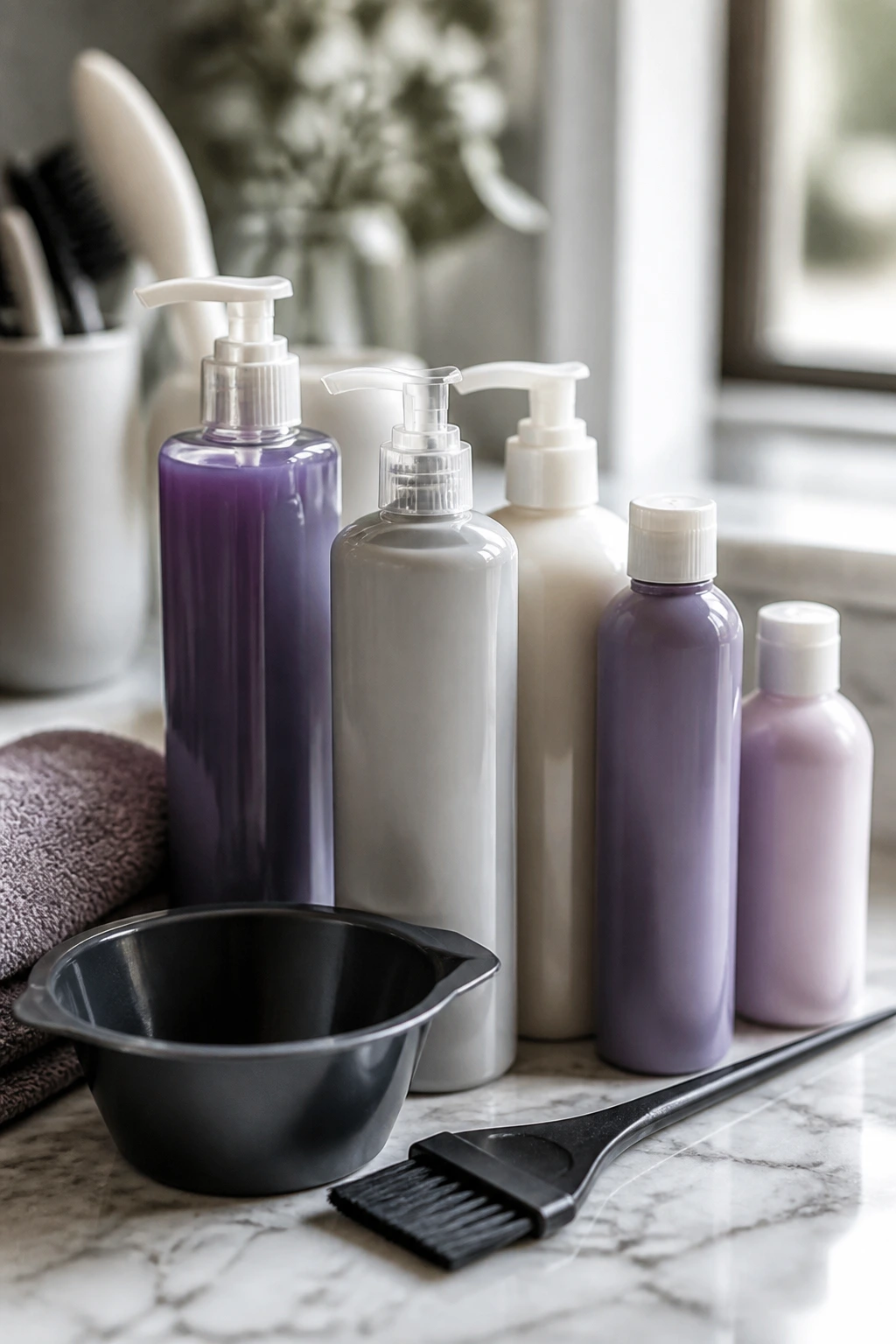 Close-up of haircare bottles and tint brush on a counter for styling tools.