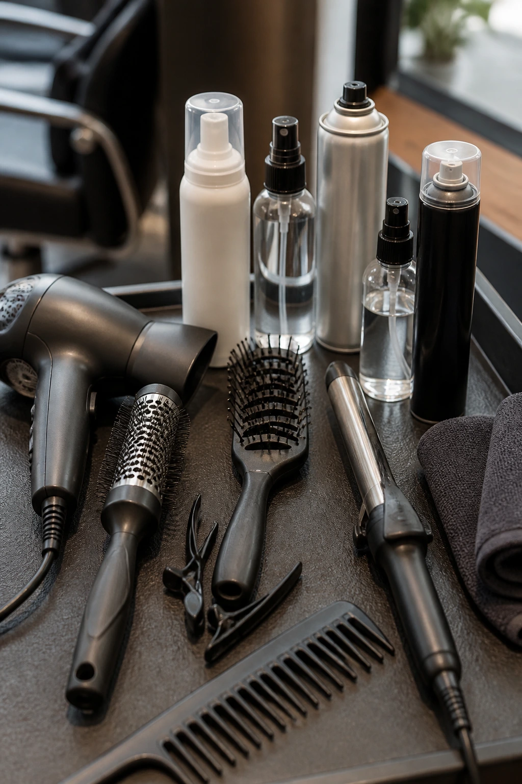 Close-up of label-free styling tools and products for lift on a salon counter.