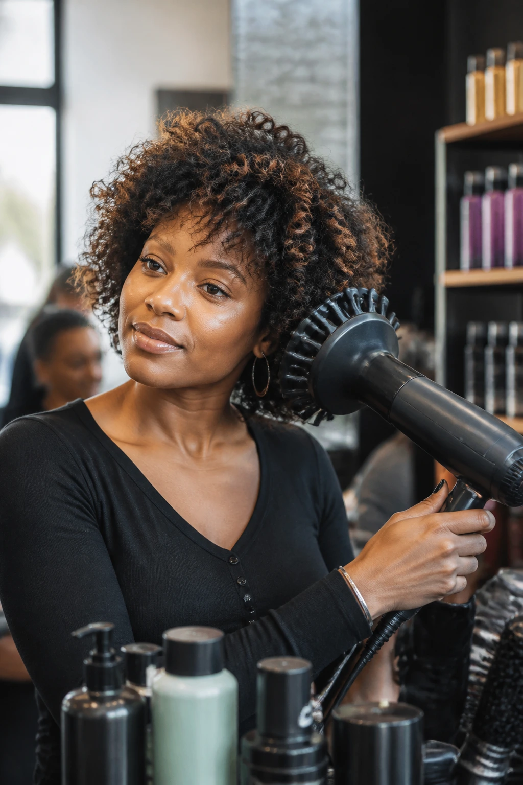Close-up of a real Black woman styling with a diffuser in a salon setting