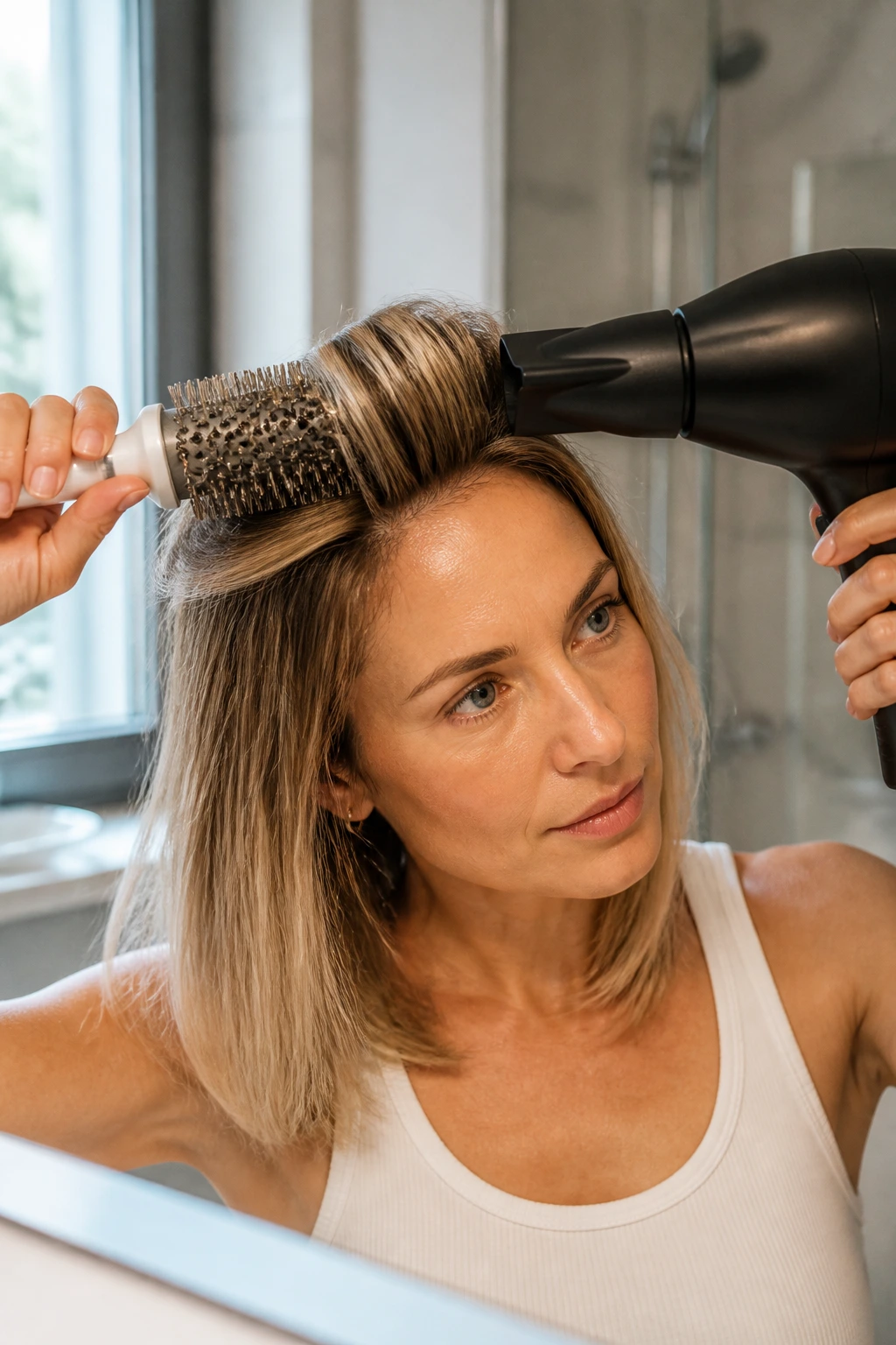 Close-up of a person being styled with a blow dryer nozzle at the roots