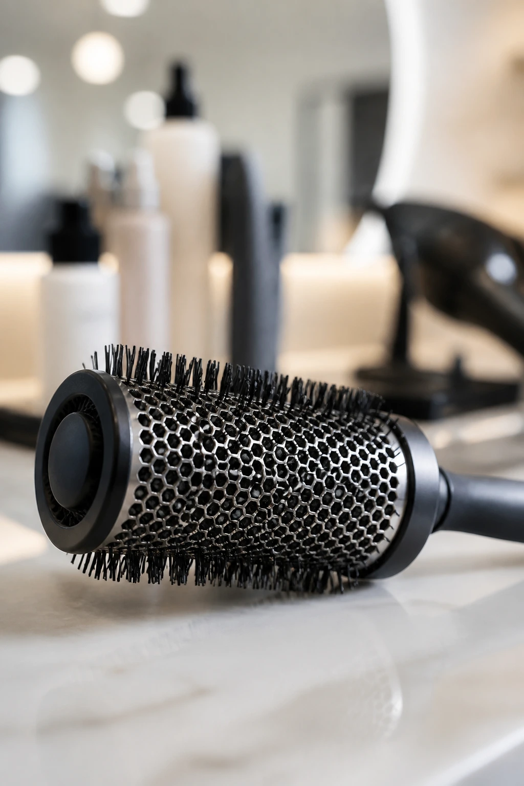 Close-up of a round brush with blurred salon background.