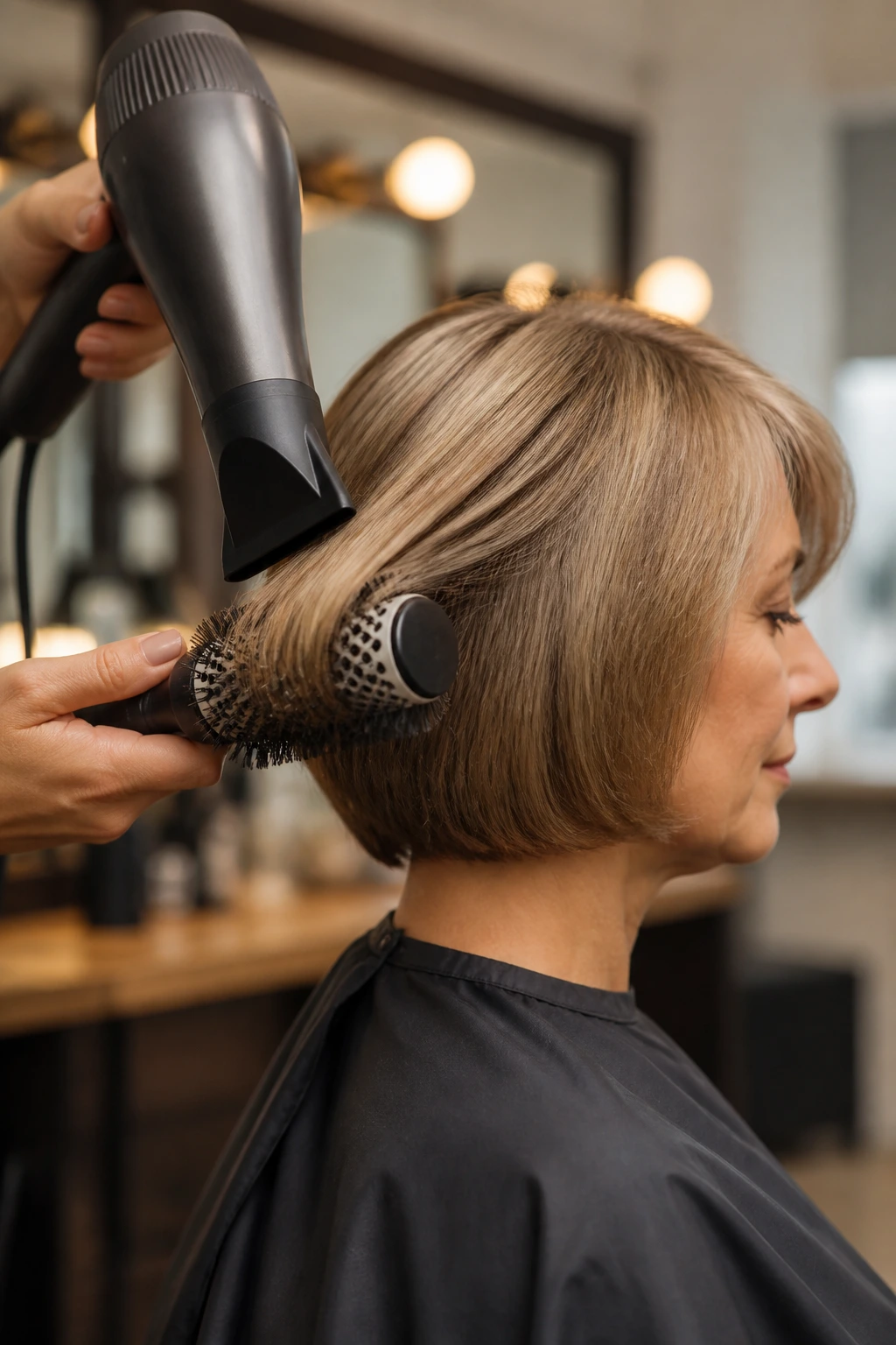 Hairstylist using a round brush on a round bob in a salon