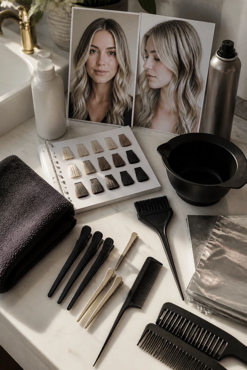 Close-up of professional hair color tools on bathroom counter