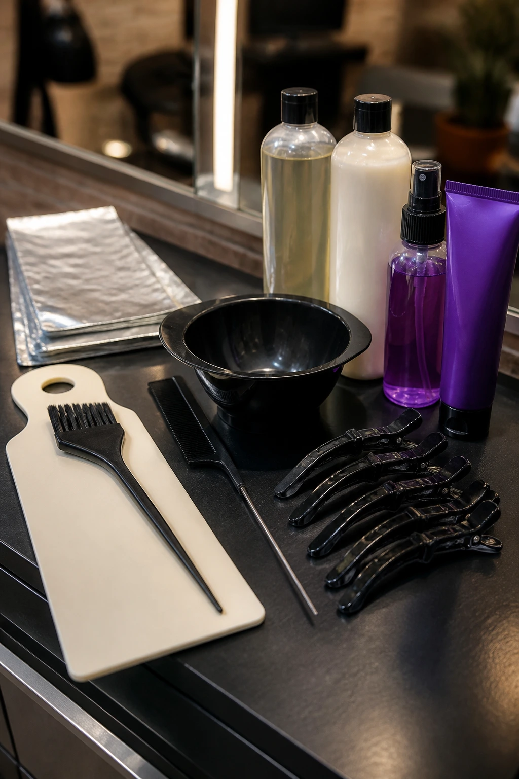 Close-up of colorist tools on a salon station