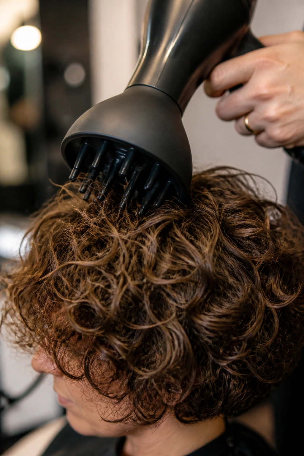 Ultra-close-up of a diffuser tool shaping curly hair during a salon session
