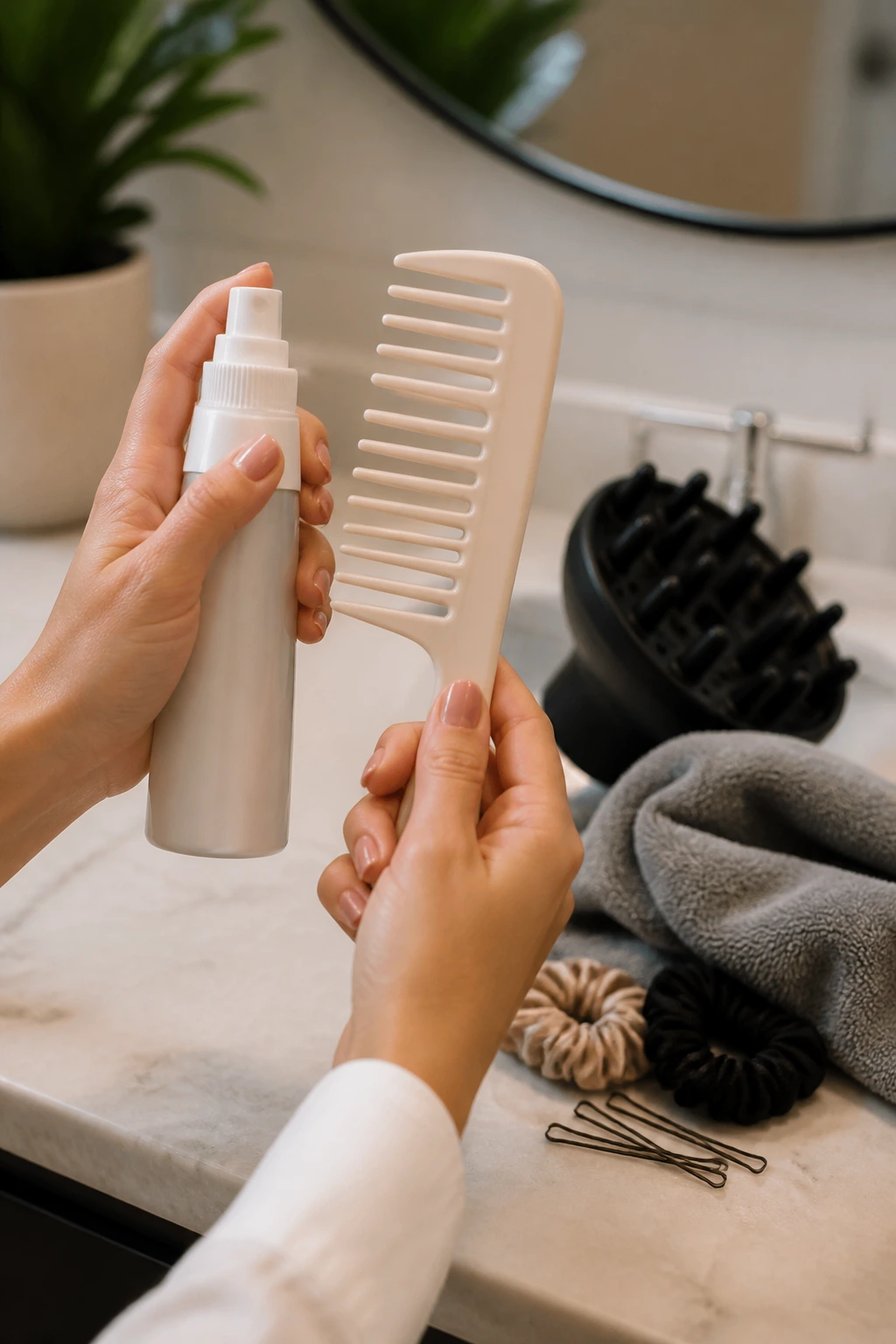 Hands holding spray bottle and wide-tooth comb in a bathroom, tools in focus