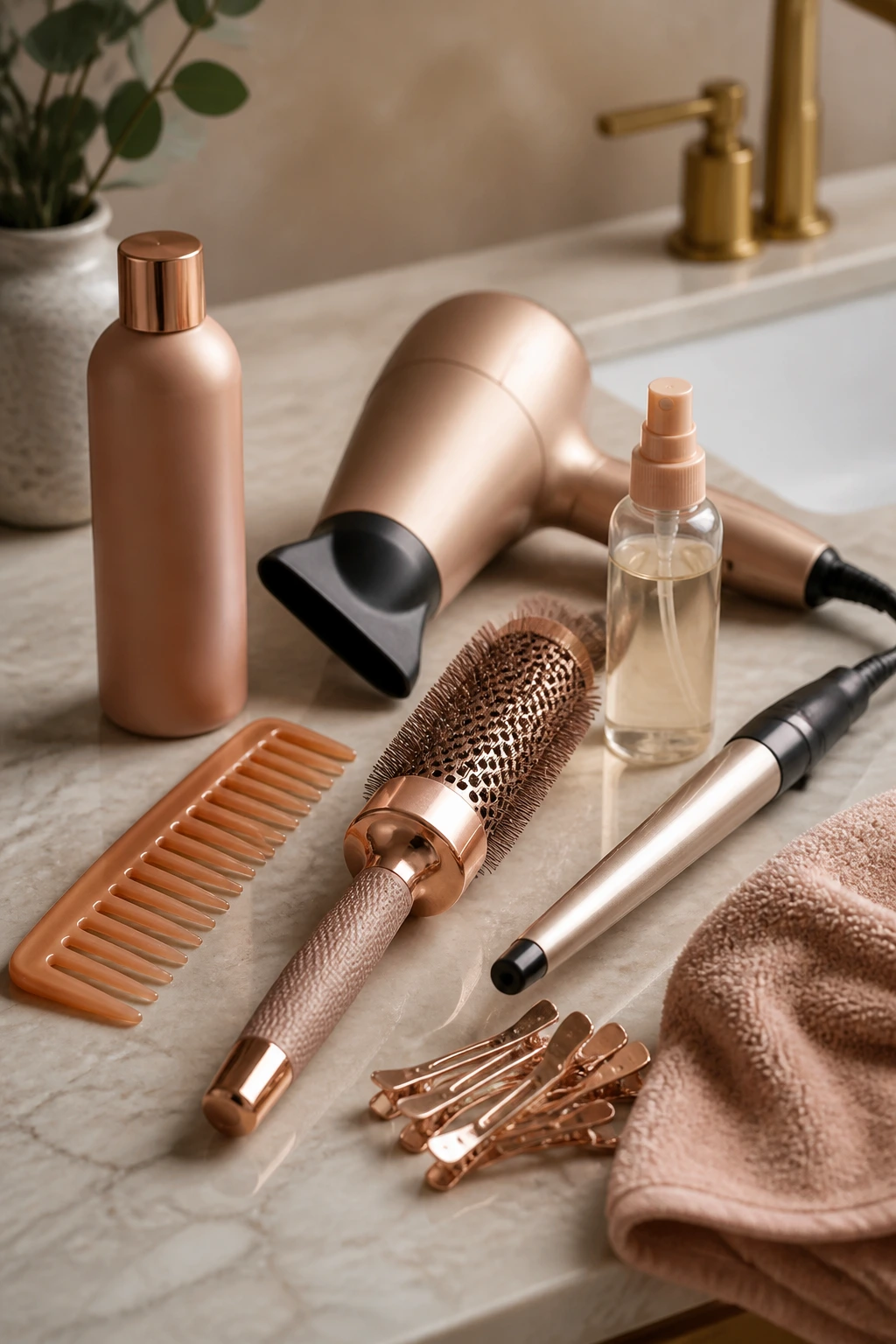 Close-up of unlabeled hair tools for strawberry blonde care on a bathroom counter