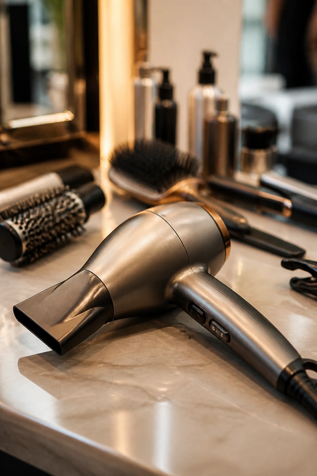 Close-up of essential styling tools on a salon counter with a dominant blow dryer