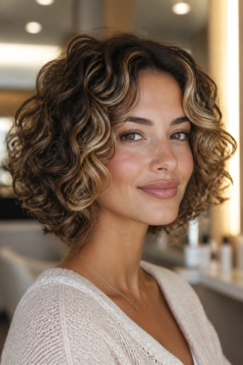 Close-up of a real woman showing an easy-to-style curly bob