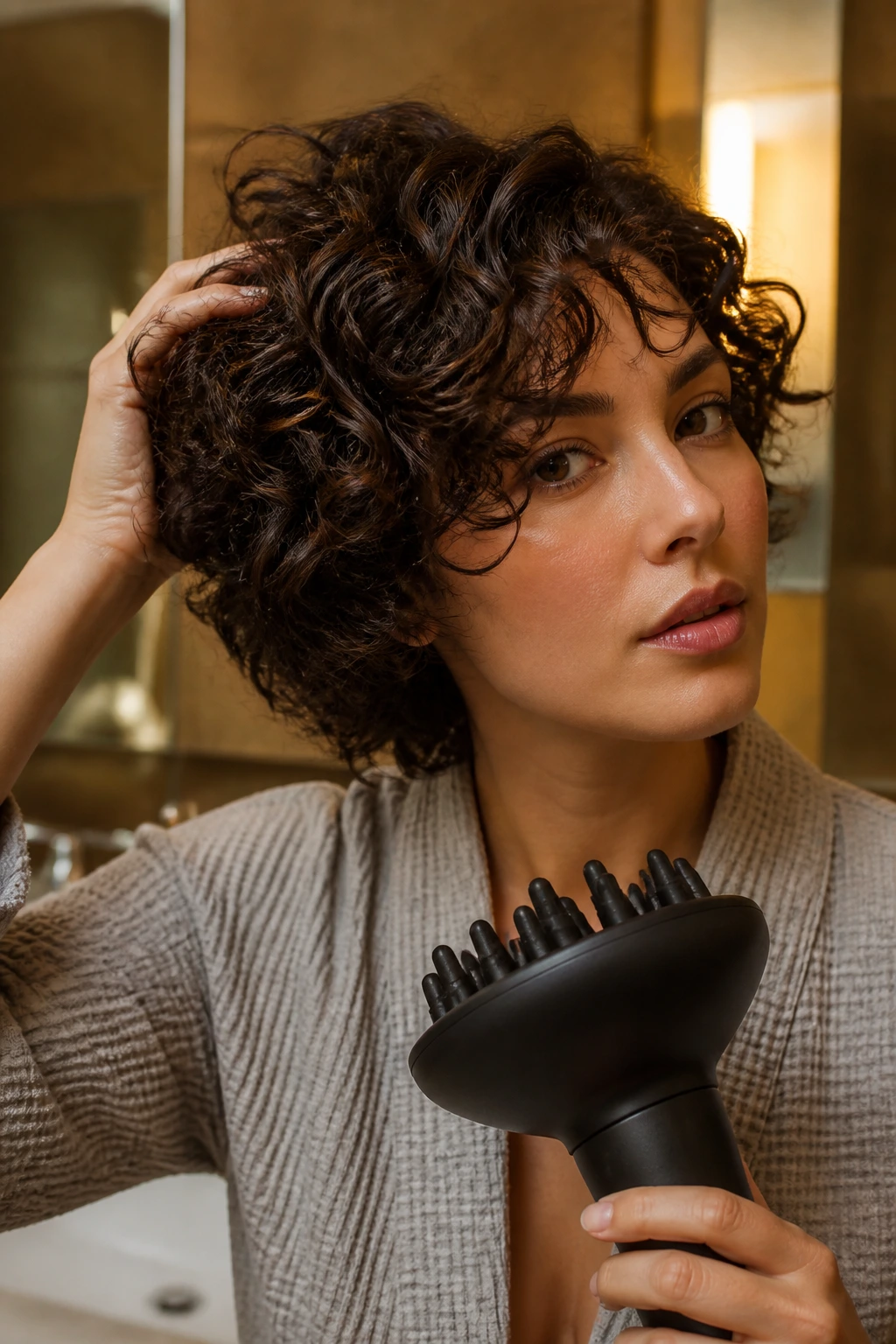 Close-up of a person using hair styling tools in a bathroom with short curls