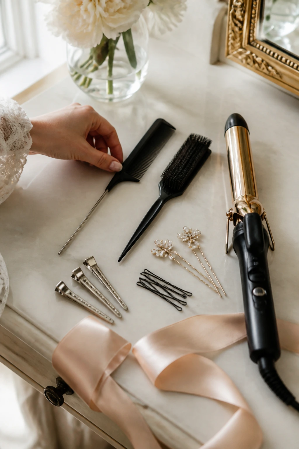 Close-up of essential styling tools on a vanity