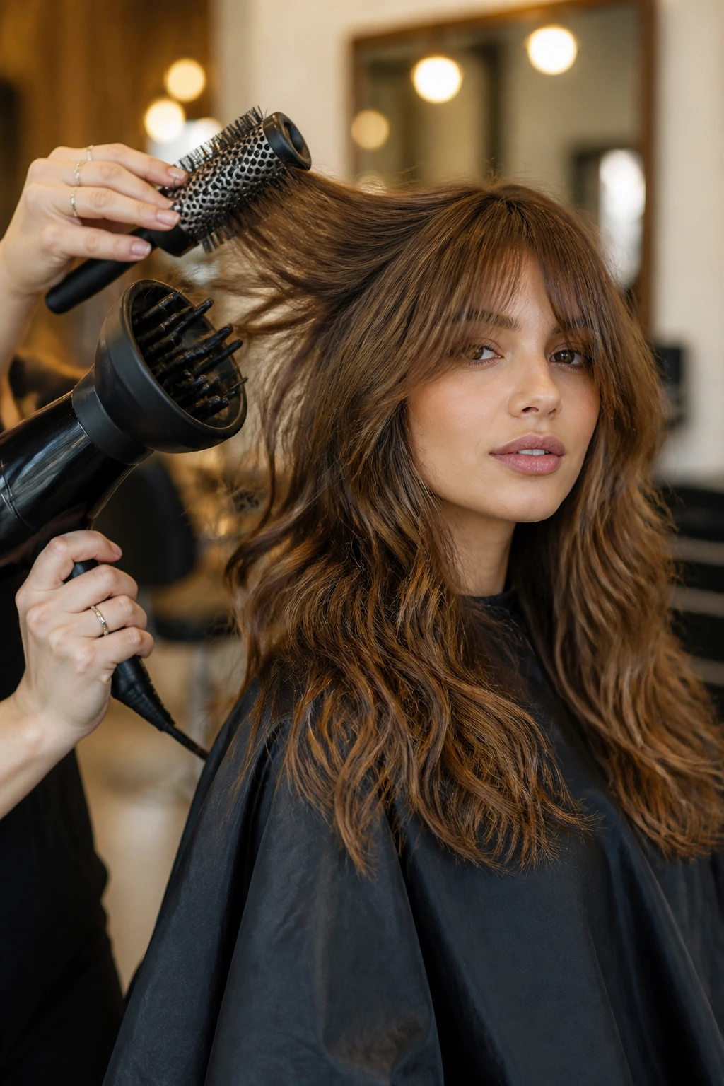 Portrait in a salon showing hands with styling tools and long shag hair