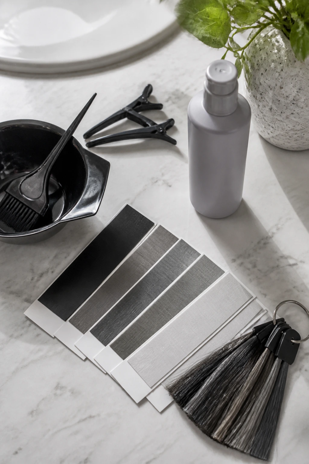 Flat-lay of color swatches and a plain shampoo bottle on a bathroom counter