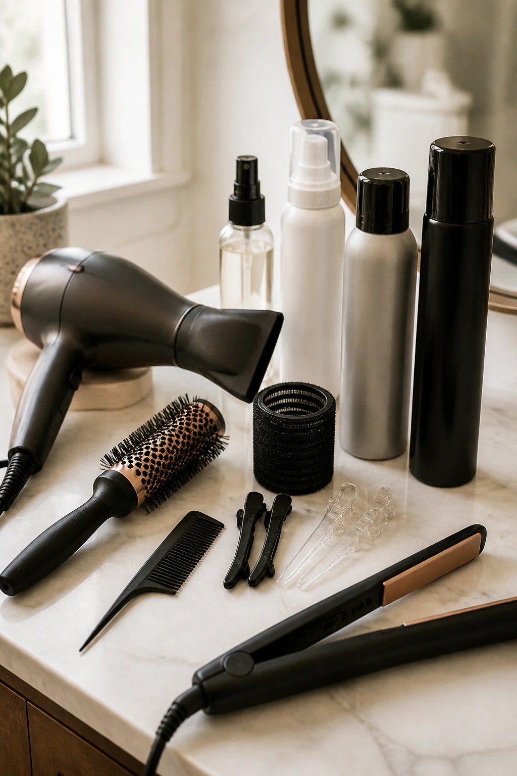 Flat lay of swoop bang styling tools on a vanity with no visible labels
