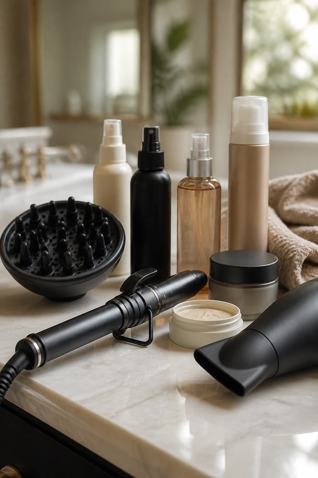 Close-up of hair tools and texture products on a vanity.