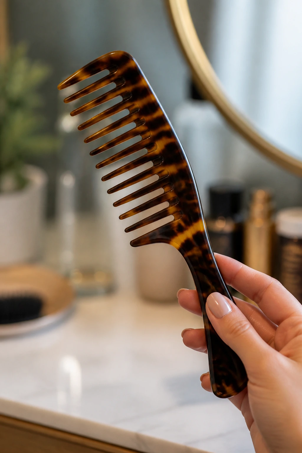 Hand holding a wide-tooth comb under natural light