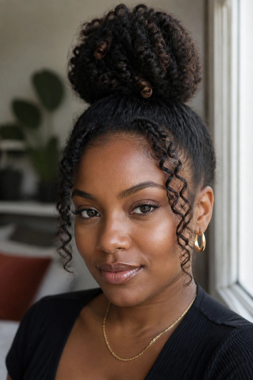 Close-up of a real person with a high top knot and front face-framing coils.