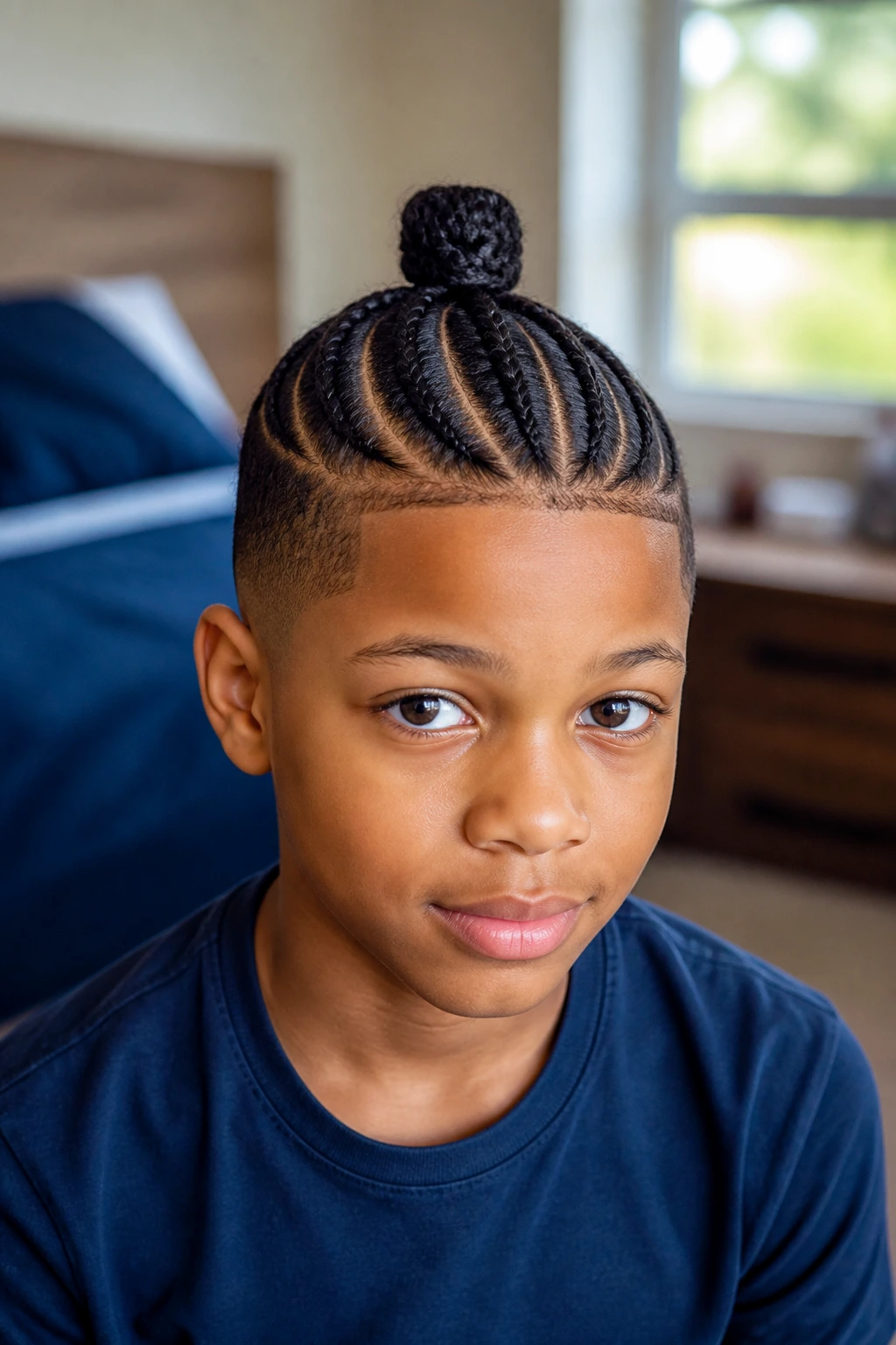 Cornrows finished in a small top knot on real boy