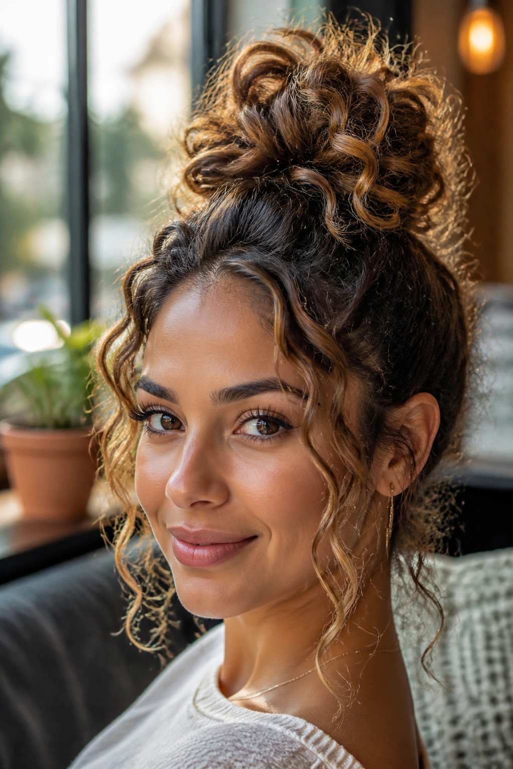 Close-up of a real woman with a curly top knot and loose tendrils plus caramel highlights